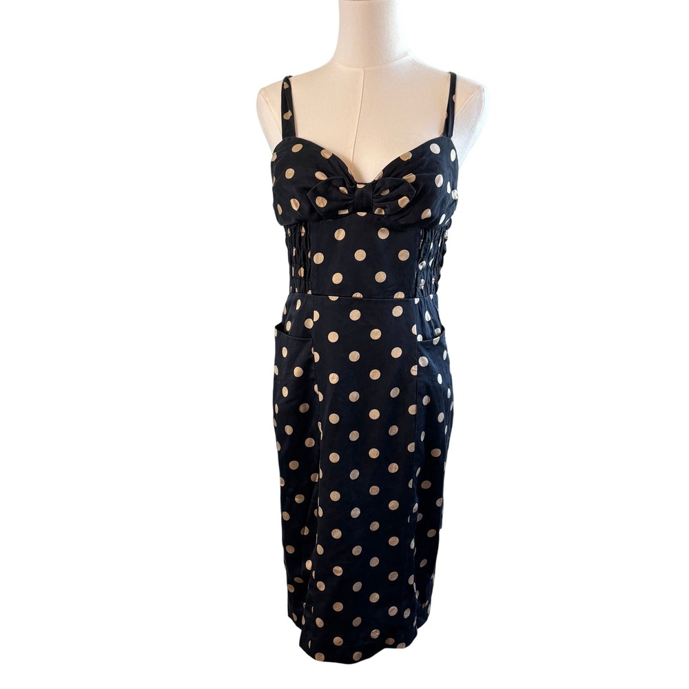 Betsey Johnson Vintage Silk Polka Dot Dress Black 8 Amy Winehouse Pinup Midi